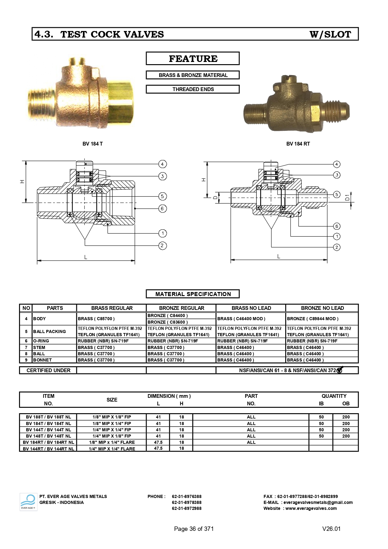 TESTCOCK VALVES WITHOUT HANDLE - BV 188T - BV 148T